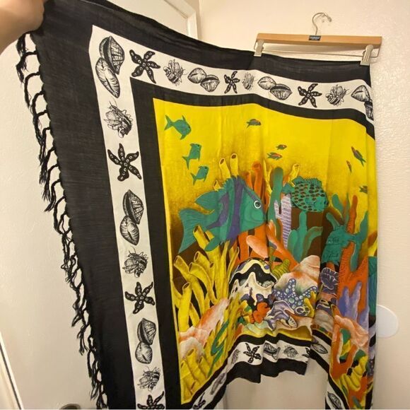 Large Oversized scarf wrap swimsuit cape coverup ocean fish print 43x64 - Picture 5 of 11